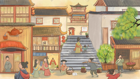 新年提前购插画图片_新年春节新中国风主题之街道商铺场景