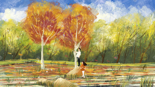 秋天油画风景情侣森林草地山树叶树背景