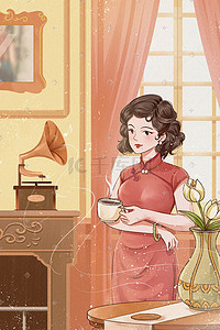 音乐喜鹊插画图片_38妇女节民国复古旗袍女郎听音乐喝咖啡