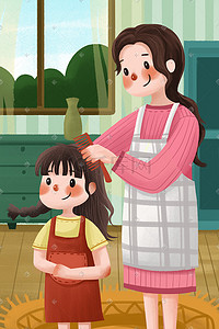 亲情时刻插画图片_母亲节节日妈妈亲情温馨家人梳头发妇女节