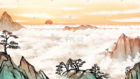 篮球比赛背景插画图片_中国风古风水墨山河云朵插画背景