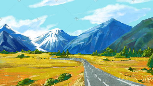新西兰油画插画图片_油画风景油画背景西部平原雪山唯美插画
