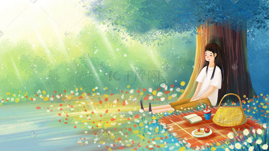 坐在铅笔上的男孩插画图片_五月你好主题之坐在湖边的女孩风景