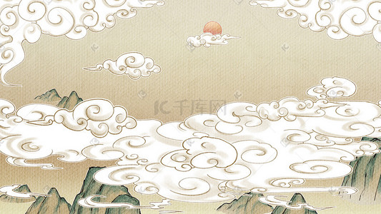 新中式工笔画花鸟插画图片_中国风古风工笔神话祥云山脉云堆天空背景