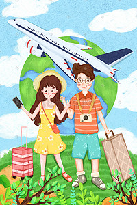 飞机插画图片_情侣坐飞机出行旅游配图