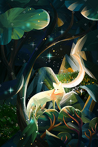 璀璨的星空插画图片_发光森林里的狐狸