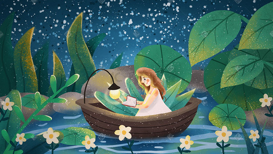 灯夜晚插画图片_小暑夜晚在水池中看书的女孩小清新插画
