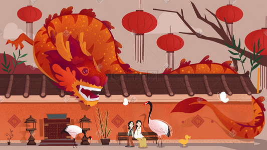 欢度春节插画图片_新年春节中国风建筑元素治愈系插图