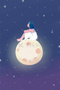 夜空星球插画图片_孤独冷淡风夜晚女孩