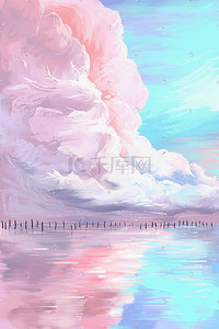 阳光白云背景插画图片_海边多云的天空云美景大海手绘插画背景