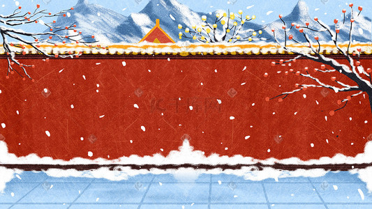 阴天插画图片_冷淡风清冷红色城墙古风建筑下雪背景