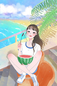 夏日清凉海边插画图片_清凉夏日海边玩耍