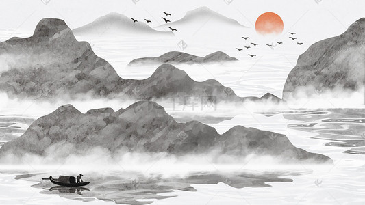 水墨山水中国风背景蓝色手绘唯美山背景插画敦煌风国潮壁画山荷花描金