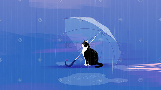 猫咪插画图片_冷淡风雨天躲雨的猫咪