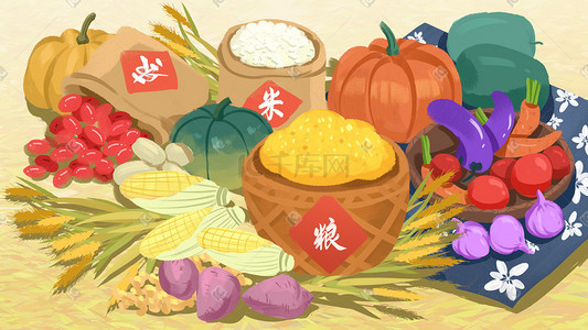 农产品促销插画图片_粮食农产品节约丰收秋天秋收小麦花生农民