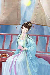 美人插画图片_八月十五古装女子中秋节日凉亭内纳凉赏月中秋