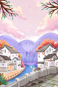 水乡戏台插画图片_春天风景唯美江南风景小清新插画