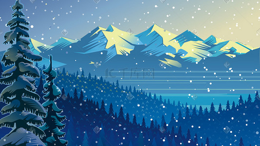 雪山风景插画图片_手绘雪山森林蓝色风景插画