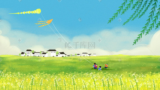 挂在树上的风筝插画图片_春天春季春放风筝的小朋友