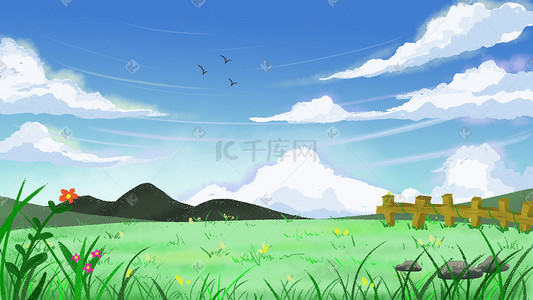 白马草原插画图片_春天立春美丽草原天空场景