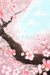 猕猴桃树插画图片_桃花桃树天空唯美浪漫粉色风景