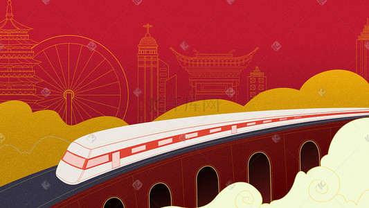 红色喜庆新年过年回家火车城市