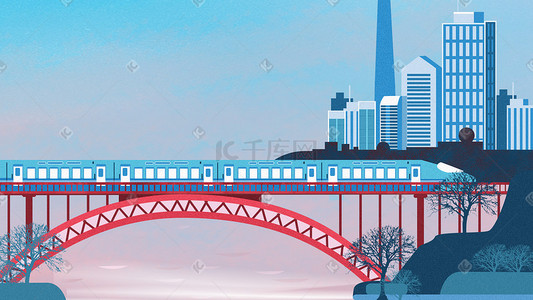 矮寨大桥插画图片_矢量扁平城市的列车驶过大桥