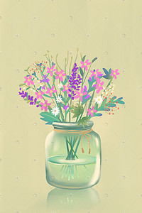 小清新菊花插画图片_小清晰噪点玻璃瓶插花