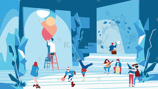开学季创意海报插画图片_创意扁平舞台校园活动场景背景