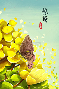 采蜜插画图片_惊蛰蝴蝶采蜜花丛手绘节气插画