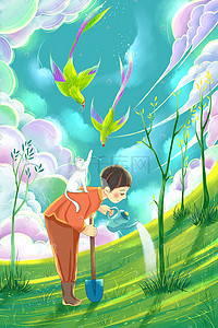 小孩子插画图片_植树节植树的小孩子手绘插画