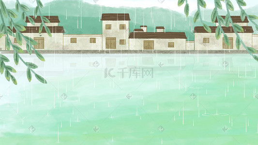 水乡戏台插画图片_雨中的江南水乡风景