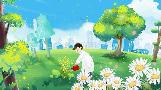 城市背景插画图片_植树节男孩在公园种树浇花城市背景图