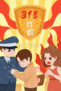 诚信315插画图片_315消费者权益日打假警察抓作假犯人