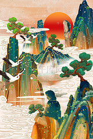 国潮风三清山手绘插画背景