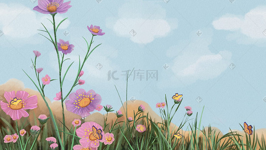 草花插画图片_水彩花海春日花景