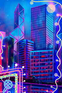 赛博朋克霓虹灯窗外的城市景色科技