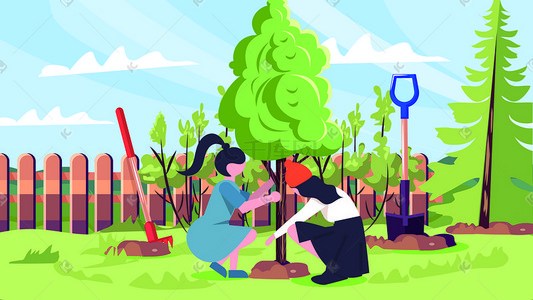 绿色生活方式插画图片_矢量扁平植树节种植树木