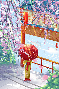 樱花节欣赏樱花的女子手绘插画