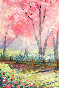 粉色樱花树插画图片_春天樱花树樱花风景竖图