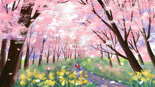 樱花节赏樱花插画图片_樱花春天樱花节之樱花树林场景