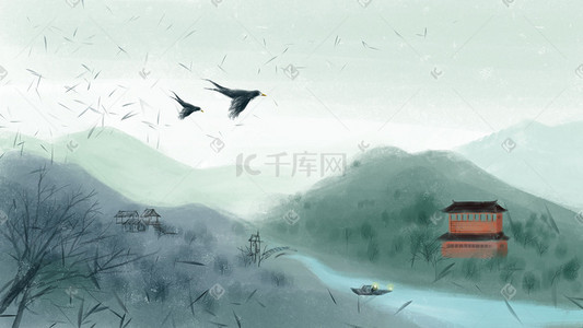 燕子燕子插画图片_春天古风水墨中国风山水燕子植物