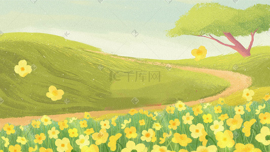 绿色阳光植物插画图片_春天绿色小清新植物草地花朵温馨