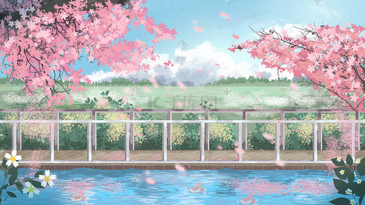 浴室花洒场景图插画图片_小长假樱花赏花唯美山河场景