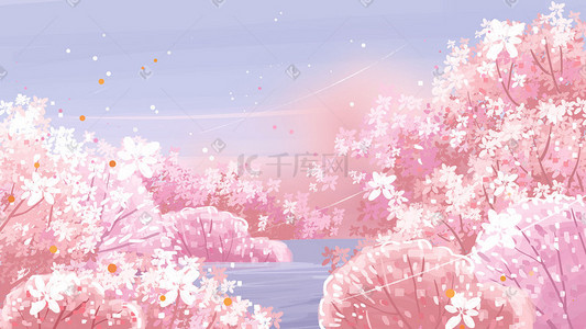 唯美粉色樱花插画图片_春天唯美粉色浪漫樱花治愈场景