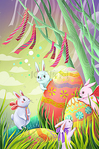 破裂的蛋壳插画图片_复活节彩蛋中的兔子手绘插画