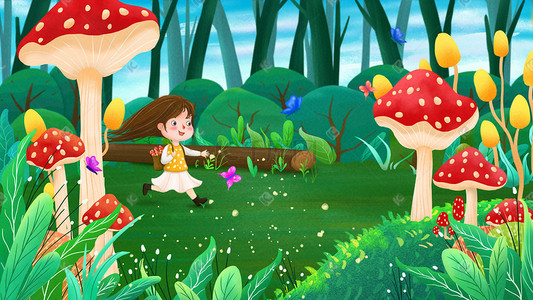 春季春天采蘑菇的小女孩