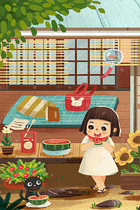 猫吃插画图片_夏天风景儿童插画之院子里吃西瓜