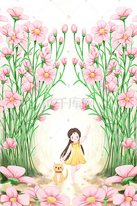 春天景色手绘插画图片_手绘春分春天景色女孩与花花朵花