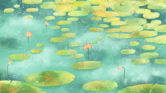 池塘雨水插画图片_24节气谷雨下雨天行走荷叶池塘的
